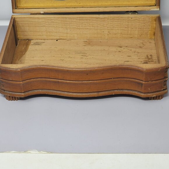 Vintage Wooden Dovetail Jewelry Box With Mirror & Floral Design - Picture 9 of 12
